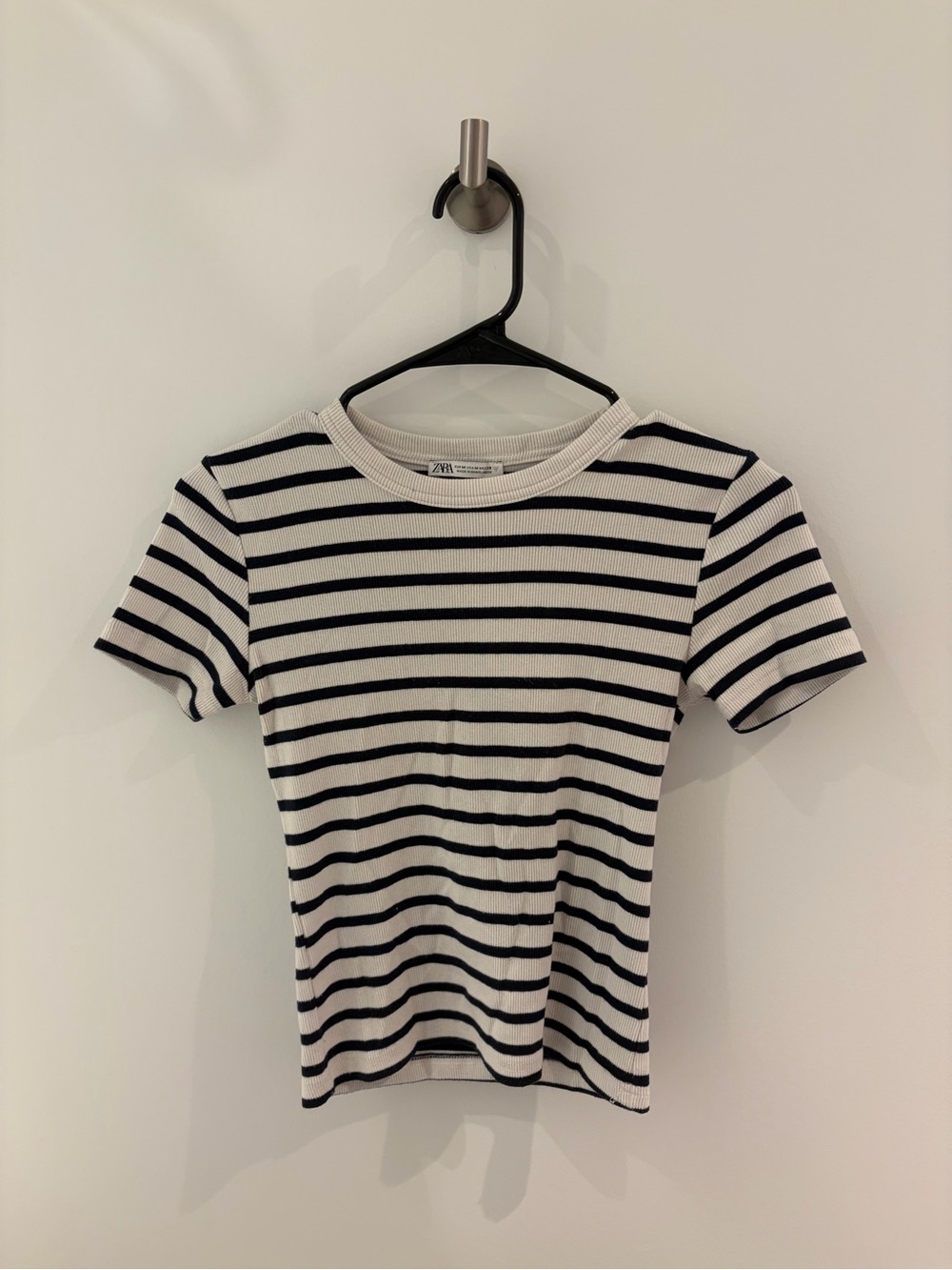ZARA White and Black Striped Short Sleeve Ribbed Tee